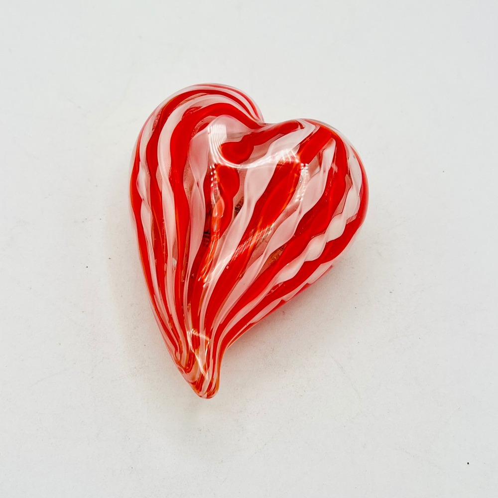 Two's Company Art Glass Heart Paperweight Red White Swirl Hand Blown Decor